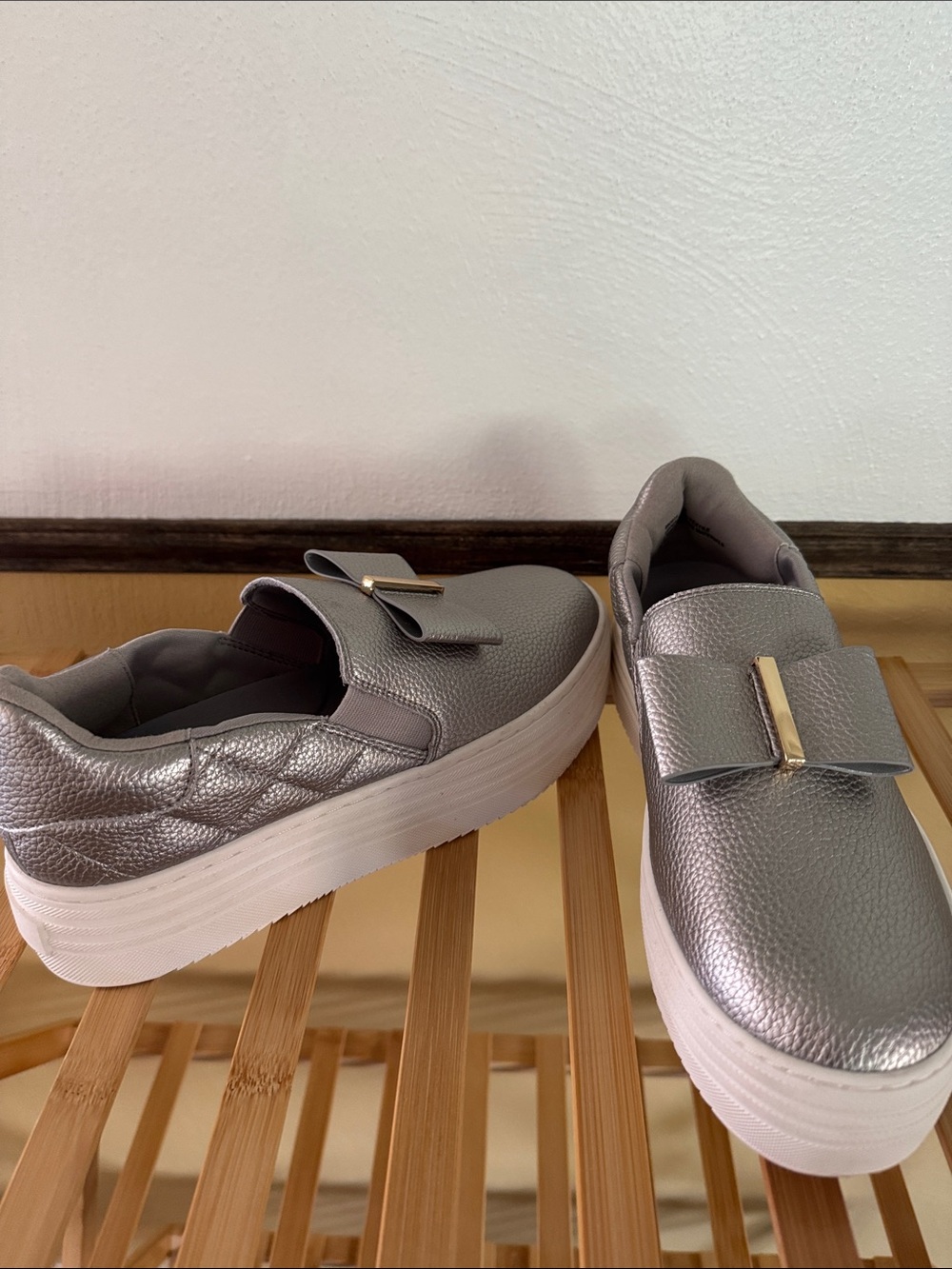 JoyLab Silver Metallic Slip-On Platform Mules with Bow Accent